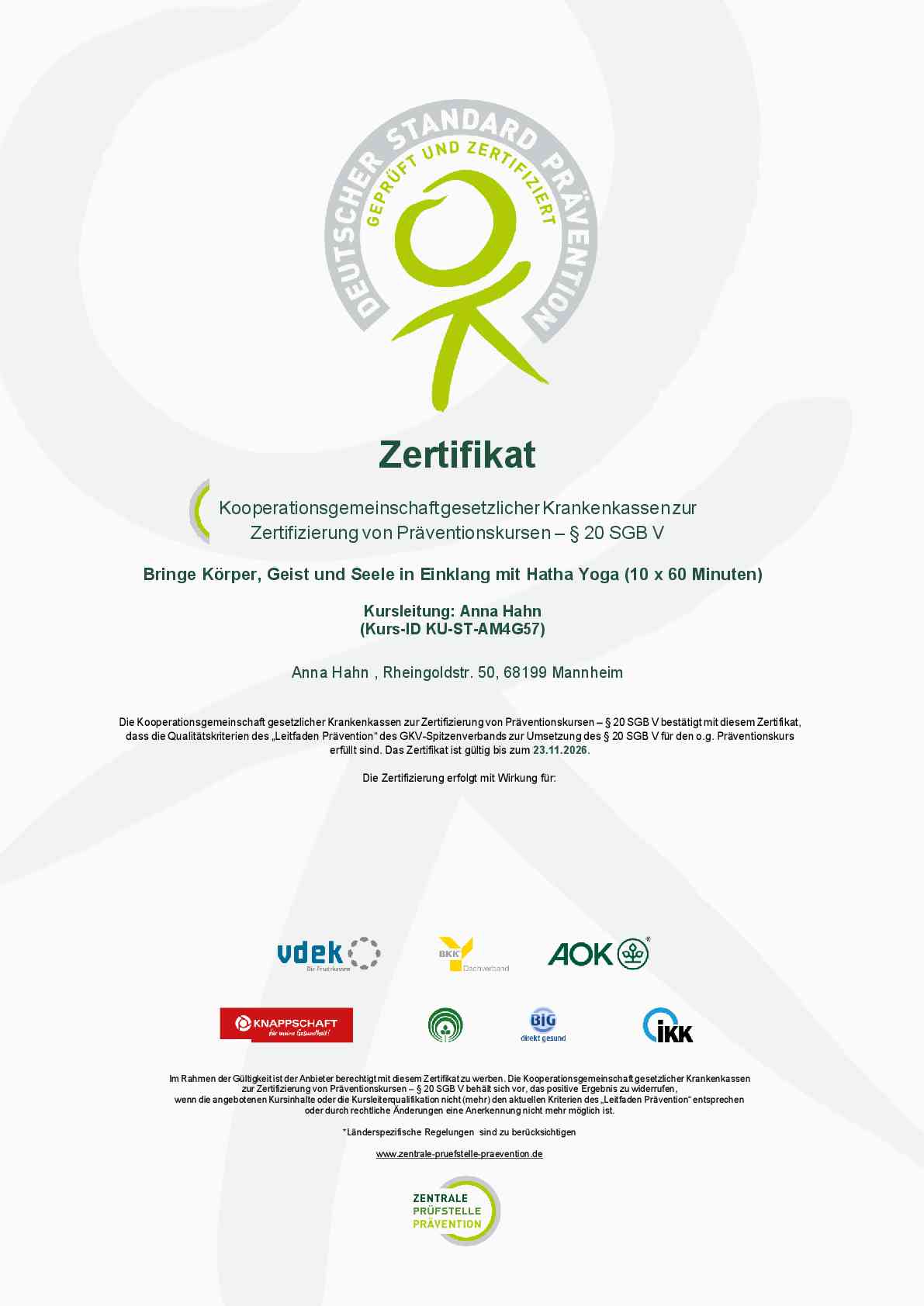Zertifikat Präventionskurs Anna Hahn 10x60 Minuten